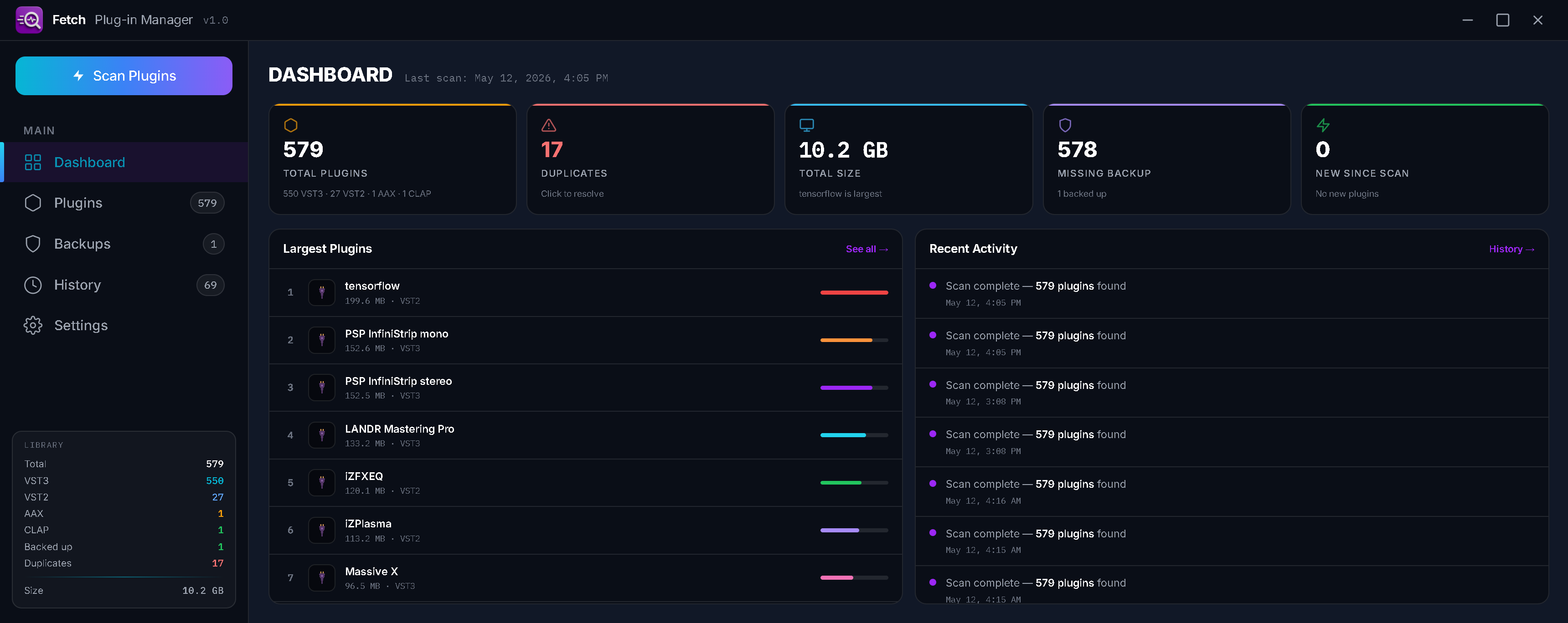 FETCH dashboard — your entire plugin library at a glance
