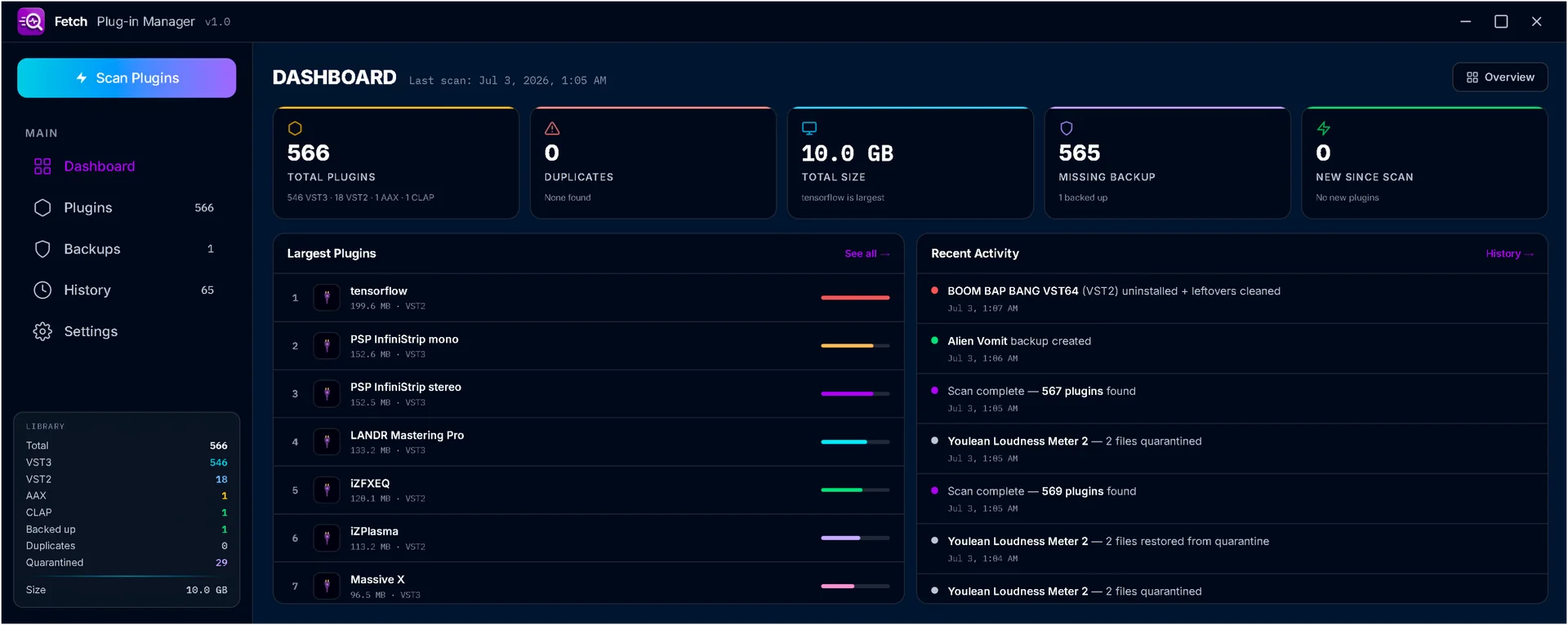 FETCH dashboard — your entire plugin library at a glance